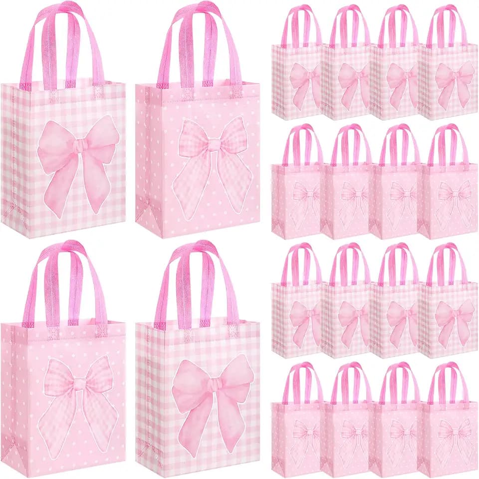 Wovnet 30 Pcs Pink Bow Gift Bags with Handle Party Favor Goodie Treat