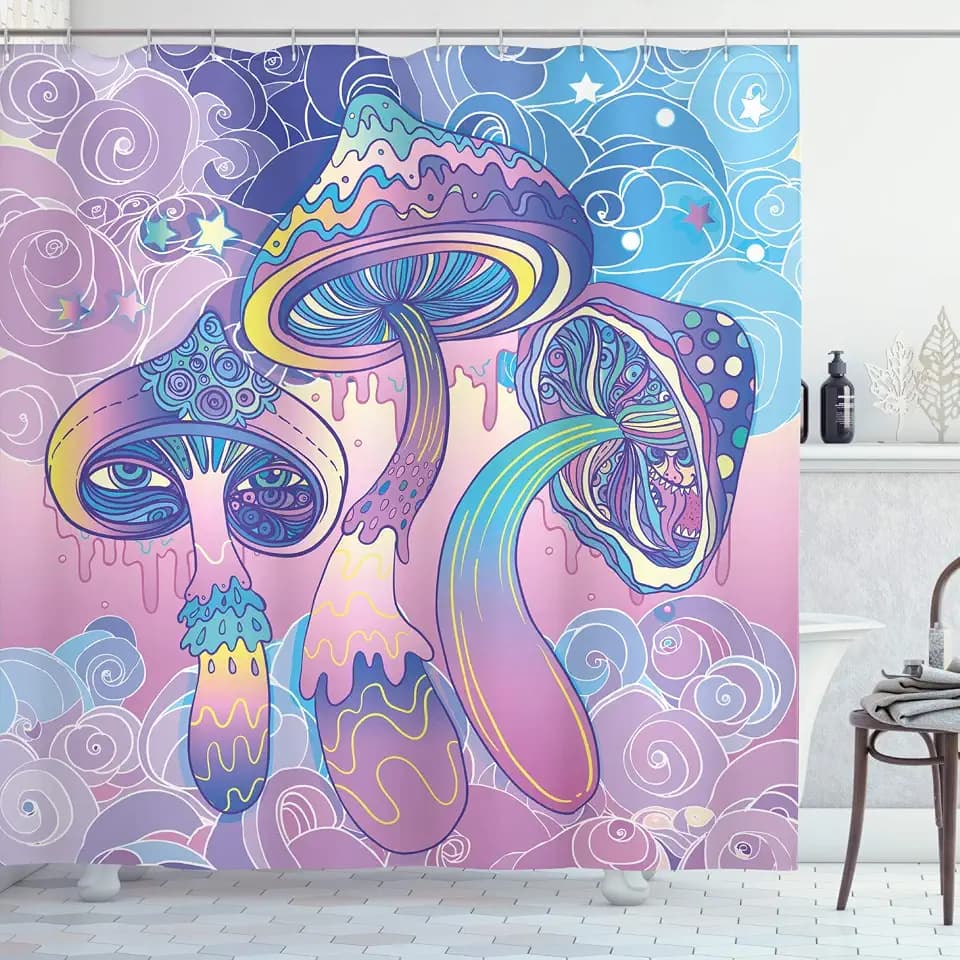 Ambesonne Mushroom Shower Curtain, Trippy Drawing Hippie Design Sixties Visionary Psychedelic Shamanic, Cloth Fabric Bathroom Decor Set with Hooks, 69" W x 75" L, Pink Purple