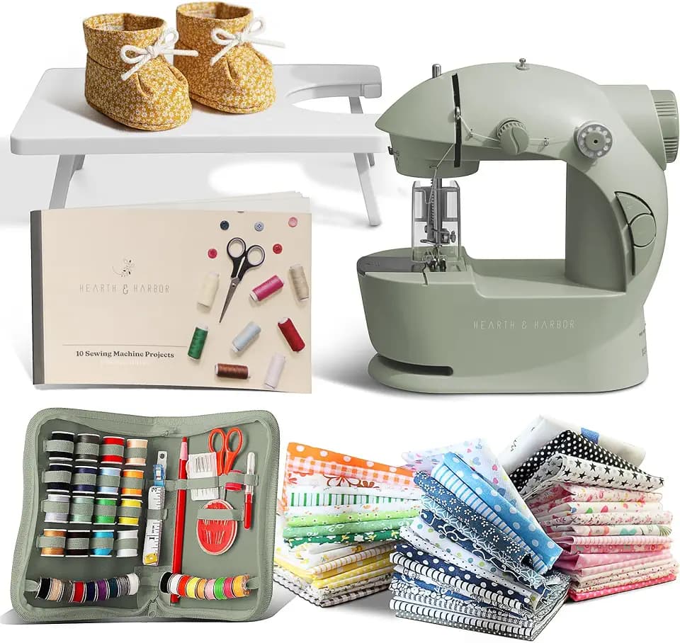 Hearth & Harbor Mini Sewing Machine for Beginners, Dual Speed Small Portable Sewing Machine for Kids and Adults with Extension Table, 122 Piece Gift Set Includes, Fabrics, Project Book and More, Green