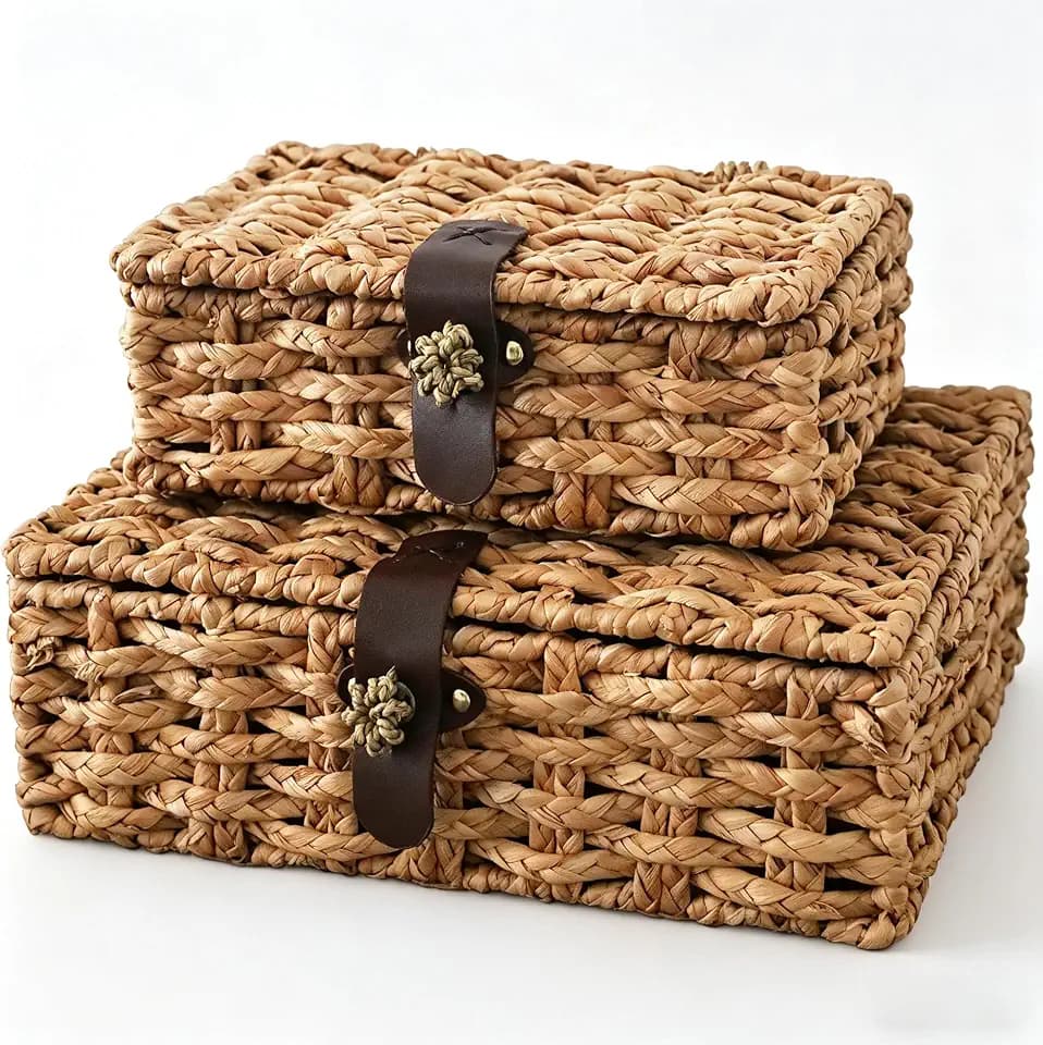 Water Hyacinth Woven Decorative Box with Lid for Decor, Storage (Set of 2)