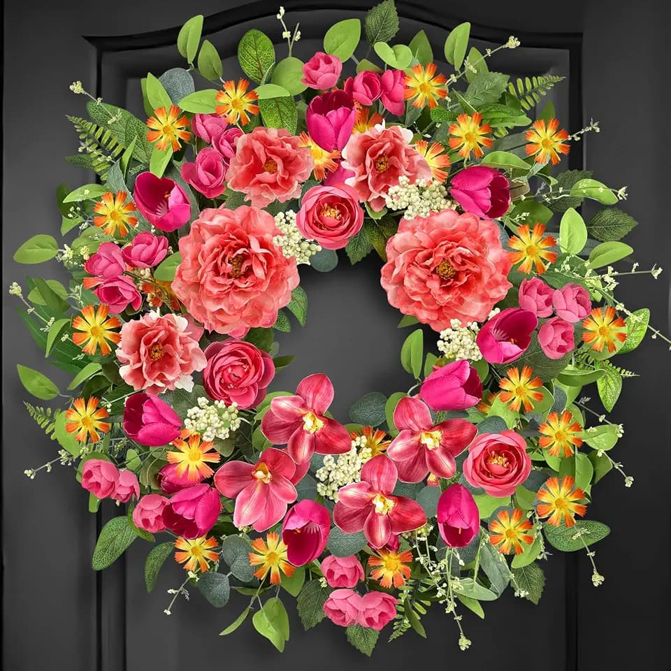 ICX 24 Inch Spring Wreaths for Front Door with Pink Peony Tulip Orchid