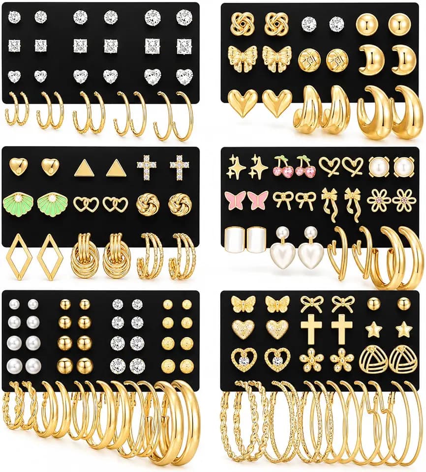 81 Pairs Gold Stud Earrings Set for Women Multipack, Trendy Pearl Cubic Zirconia Butterfly Heart Stud Hoops Earrings Packs, Gold Hoops Earrings for Jewelry Gifts