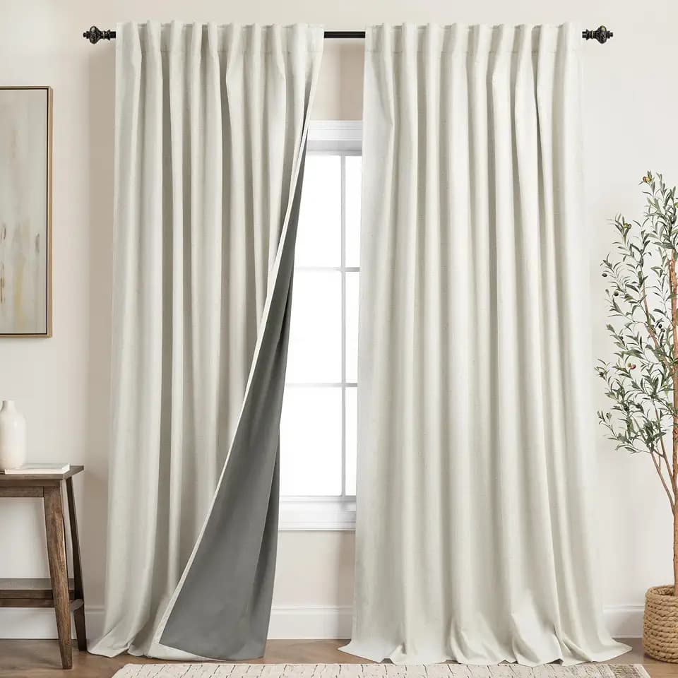 KOUFALL Extra Wide Linen Black Out Curtains Drapes 96 Inch Long 2 Panels Set Pleated Thermal Blackout Boho Modern Farmhouse 8FT Floor to Ceiling Curtains for Living Room 70 x 96 By Size