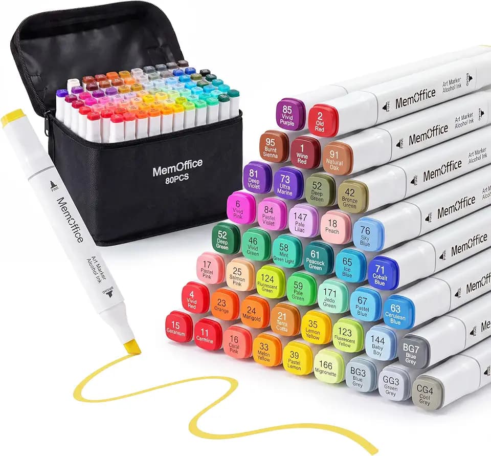 MemOffice Alcohol Markers, 80 Vibrant Colors, Dual Tip Art Markers Set