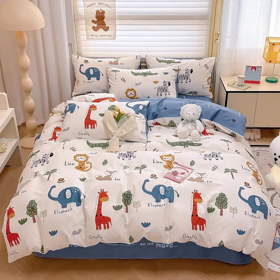 DJY Cartoon Queen Duvet Cover, 100% Cotton Animals Kid Bedding