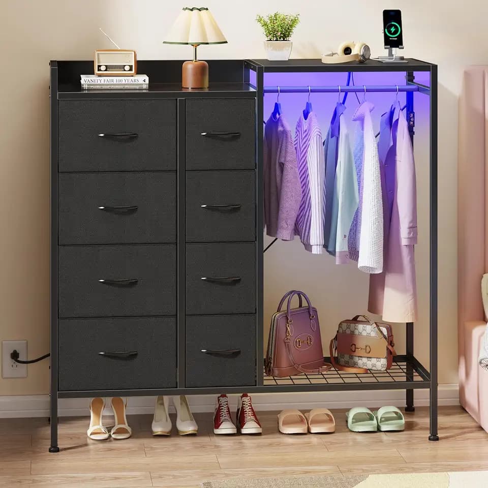 HIGDBFE 8-Drawer Dresser with Hanging Rack for Bedroom, Black, 11.8" D