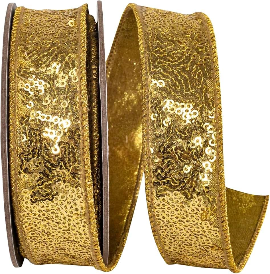 Ribbon - Metallic Sequin Fantasy Deluxe Metallic Backed Wired Edge, Gold, 1 Inch, 5 Yards