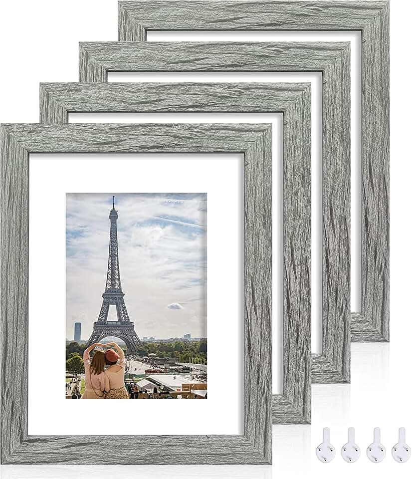 Hongkee 8x10 Picture Frame Set of 4, Real Glass and Wood Frame, 5x7 Mat