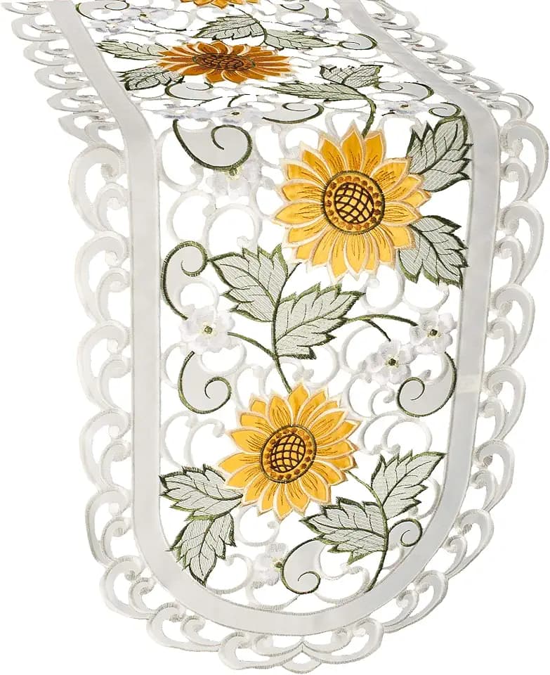 Embroidered Sunflower and White Daisy Open Weave Cut Work on Ivory Table Runner, Dresser Scarf,Coffee Table Scarf (15Wx34L)
