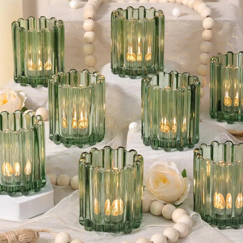 12PCS Glass Green Votive Candle Holder, Ribbed Tea Light Candles Holders