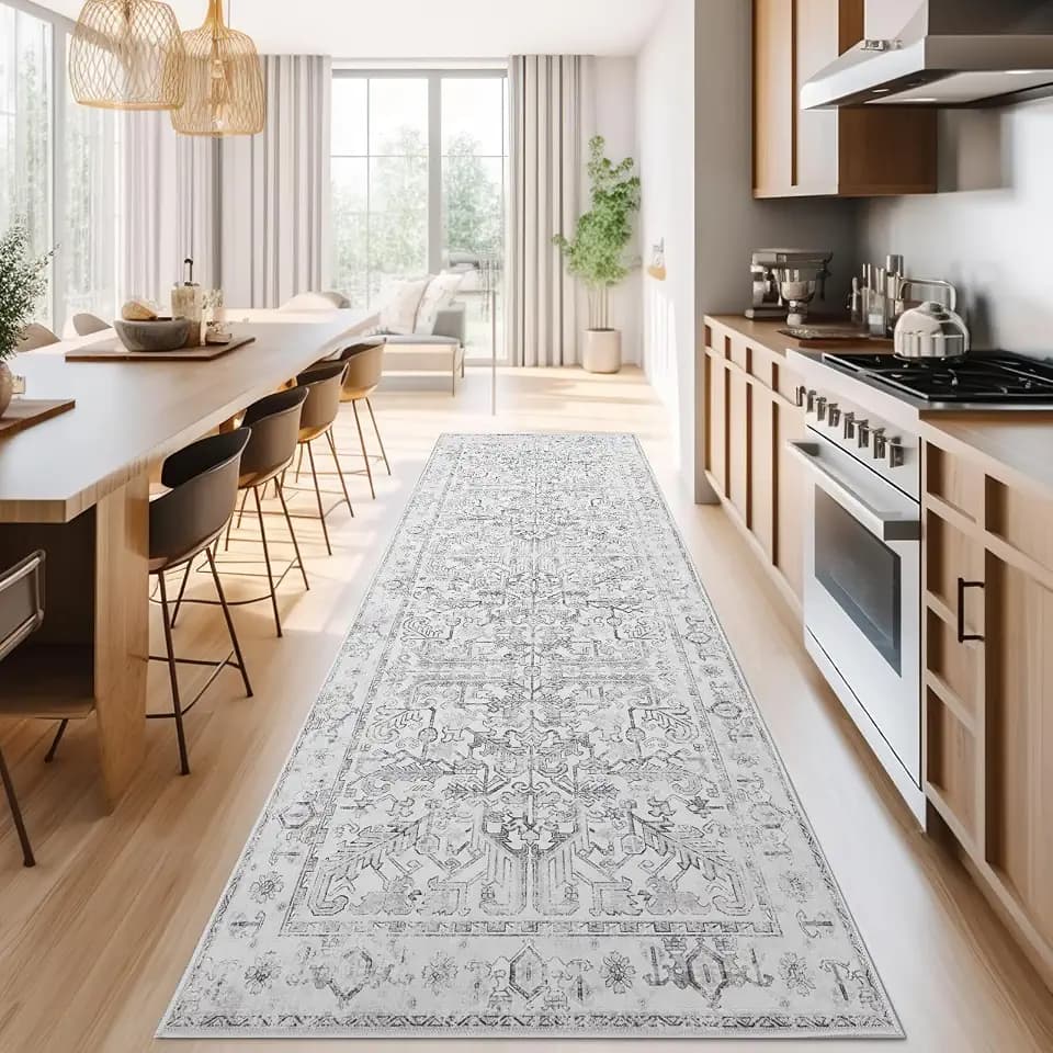 jinchan 3x8 Washable Kitchen Runner Rug, Vintage Floral Non-Slip, Grey