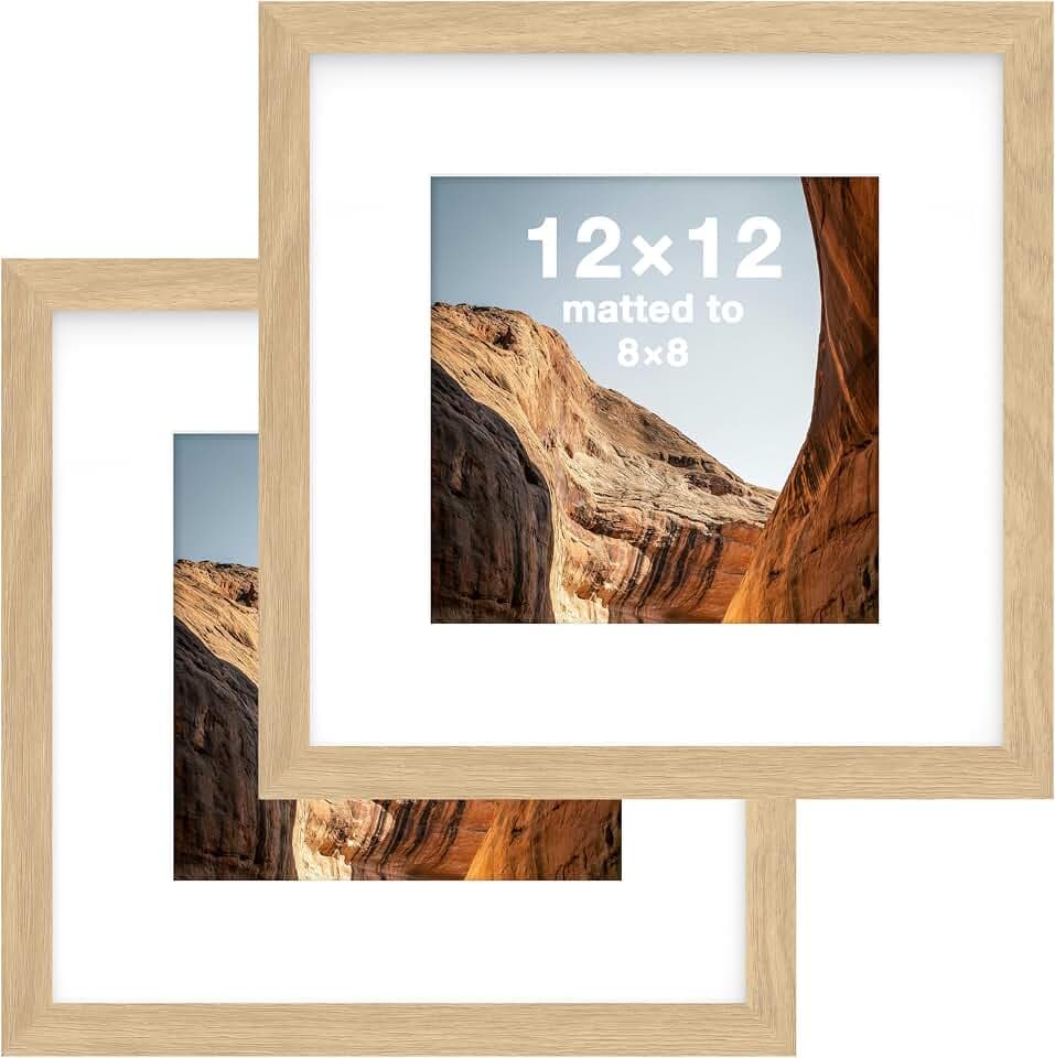 FrameWorks 12x12 mat to 8x8 Classic Wooden Picture Frames With Tempered Glass | Natural Oak | 2-Pack
