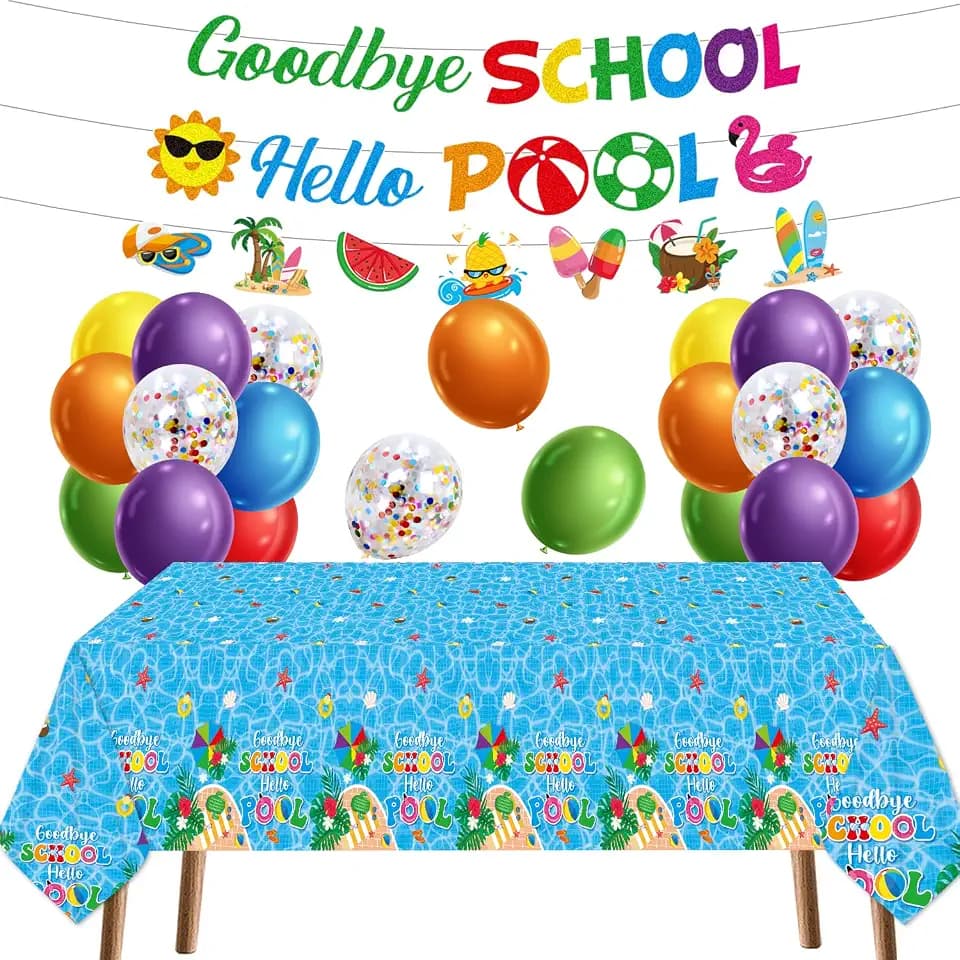 Goodbye School Hello Pool Decorations - 32 Pcs Schools out for Summer Banner Tablecloths Balloons, End of School Year Decor Supplies for Summer Vacation Indoor Outdoor