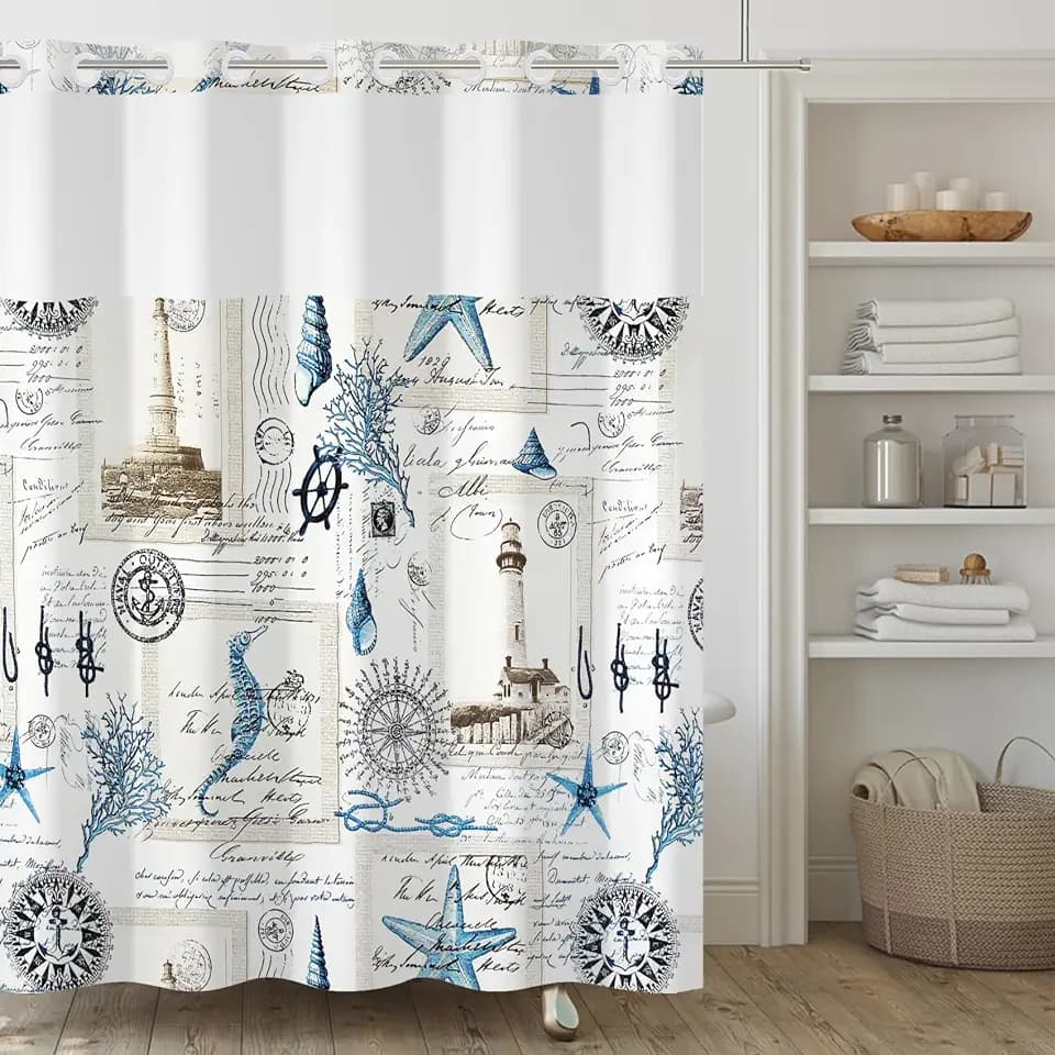 No Hook Shower Curtain,Nautical Double-Layered Shower Curtain with Snap-in Liner and Weights,Vintage Ocean Sea Coastal Theme Fabric Bath Curtain with See Through Mesh, 71x74in