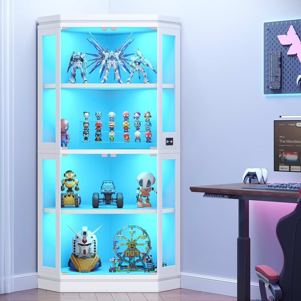 Jocoevol Corner Display Cabinet with 4 Glass Doors, 4-Tier Display Cases with RGB Lights for Collectibles, 67'' Tall Corner Curio Cabinet with Human Body Sensor for Living/Game Room (White)