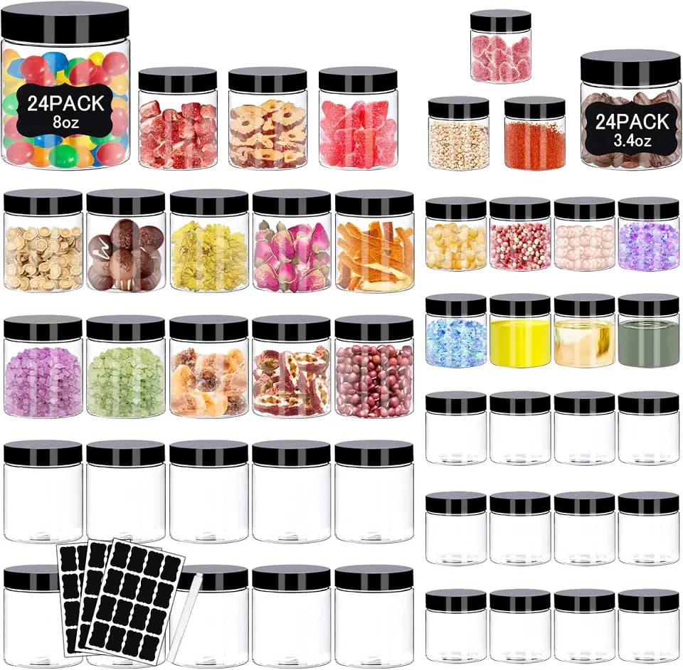 Hajoyful Plastic Jars with Lids 48 Pcs 8 oz & 3.4 oz Clear Plastic Slime Storage Jars Containers with Airtight Black Screw On Lids Cylinder Clear Round Jar Easy Clean Food Grade Durable Jar