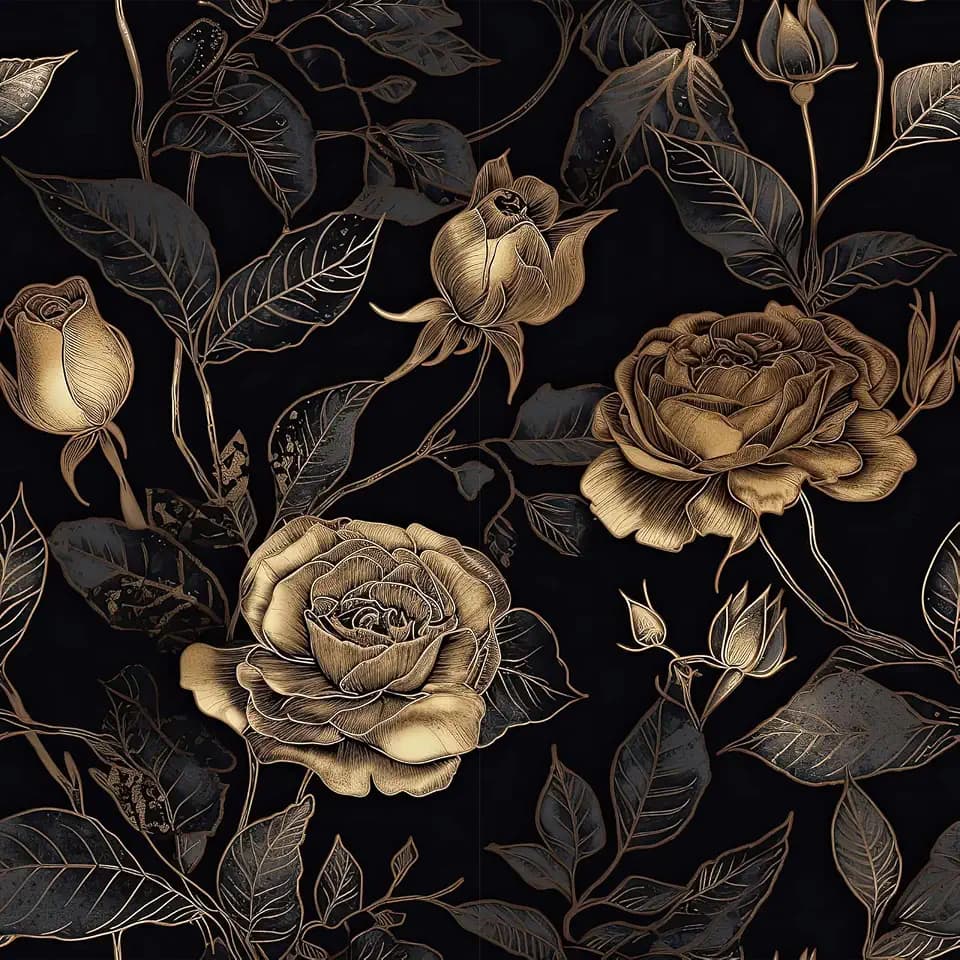 ReWallpaper Black and Gold Peel and Stick Wallpaper Art Decor Dark Floral Wallpaper for Bathroom Waterproof Black & Gold Wall Paper Vintage Rose Moody Floral Contact Paper for Cabinets 17.5in X 10ft