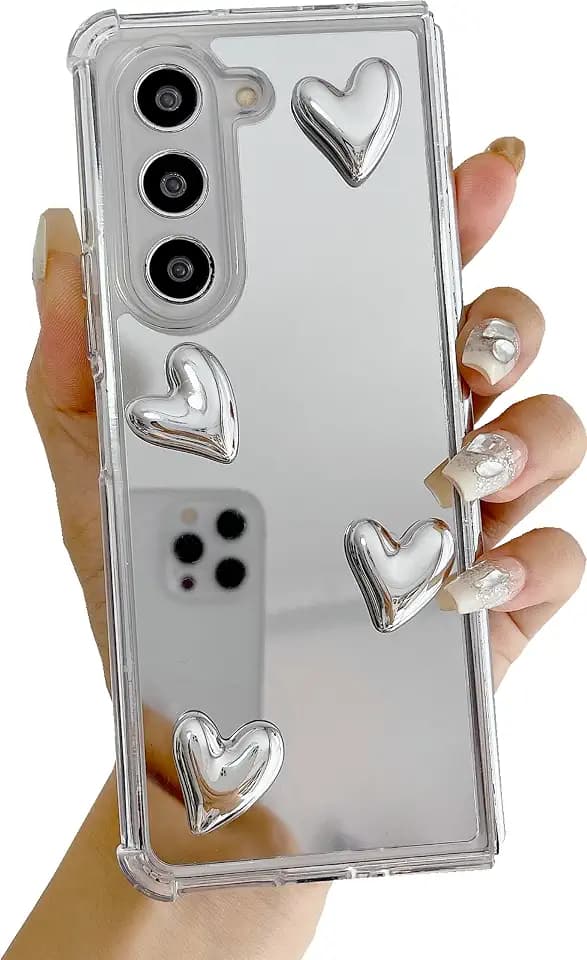 for Galaxy Z Fold 6 Case,Flexible Cute Love Heart Soft Silicone Women Girls Makeup Mirror Shockproof Protect Cover