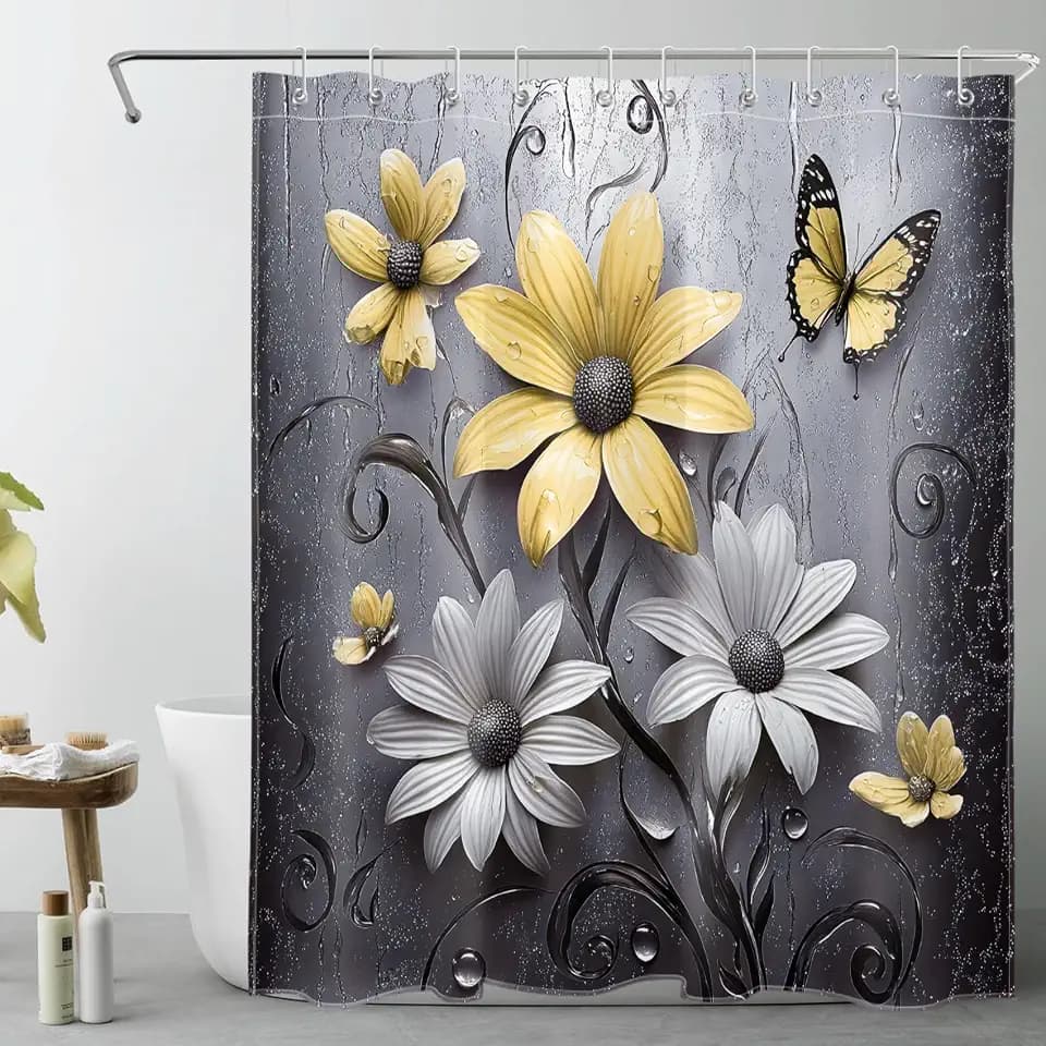 LB Yellow Floral Shower Curtain for Bathroom, Black and Grey 60" W x 72" L