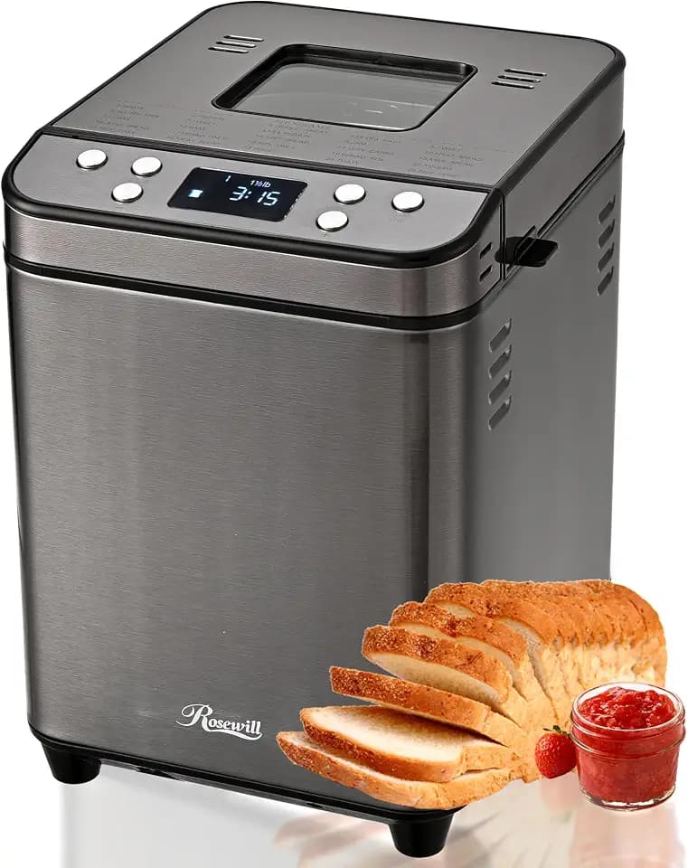 Rosewill 25-in-1 Automatic Bread Maker Machine with 3 Loaf Size up to 2 Lb, 700W High Power Dual Heater with BPA-free Nonstick Coating Pan, Max 15 Hours Delay Timer, Low Noise - Gray