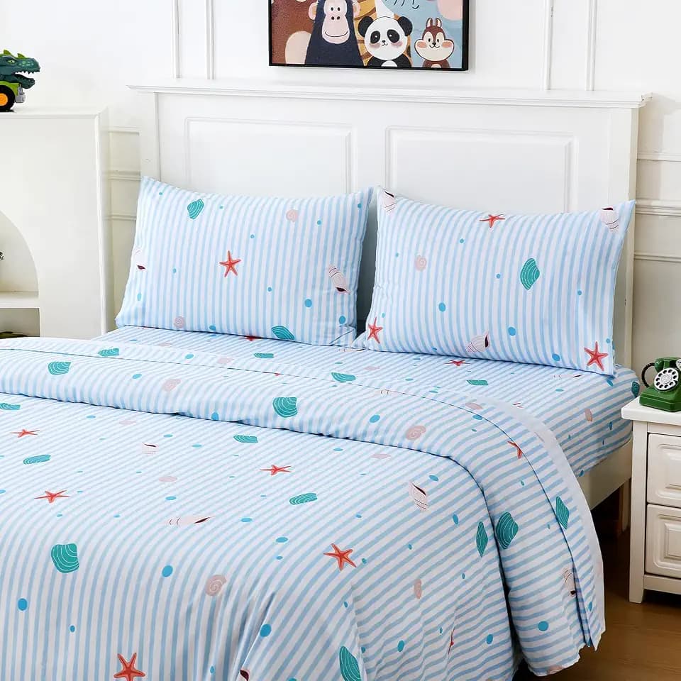 MCO Kids Twin Sheet Set Ocean Shells, 3 Piece Blue Striped Soft Microfiber Kids Twin Size Bed Sheets, Oeko-TEX, 16" Deep, Won't Pop Off, Breathable & Machine Washable, Cute Bedding Set for Girls Boys