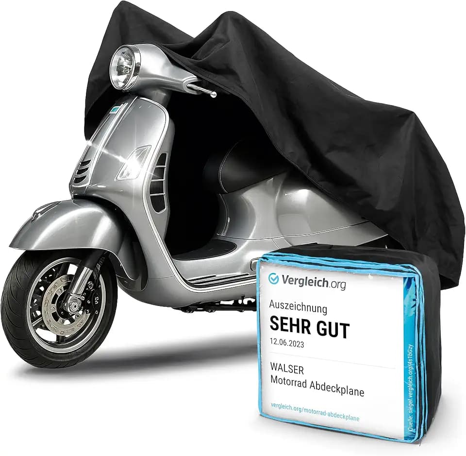 WALSER Premium Motorrad Abdeckplane M, Auszeichnung Sehr Gut* aus hochwertigem PVC, Outdoor Plane, Motorrad Zubehör, schwarz 215x95x120 cm