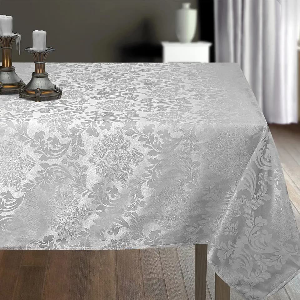 CAIT CHAPMAN HOME COLLECTION Solid Color Damask Jacquard Woven Tablecloth and Napkin (60" x 84" Rectangle, Silver Gray)