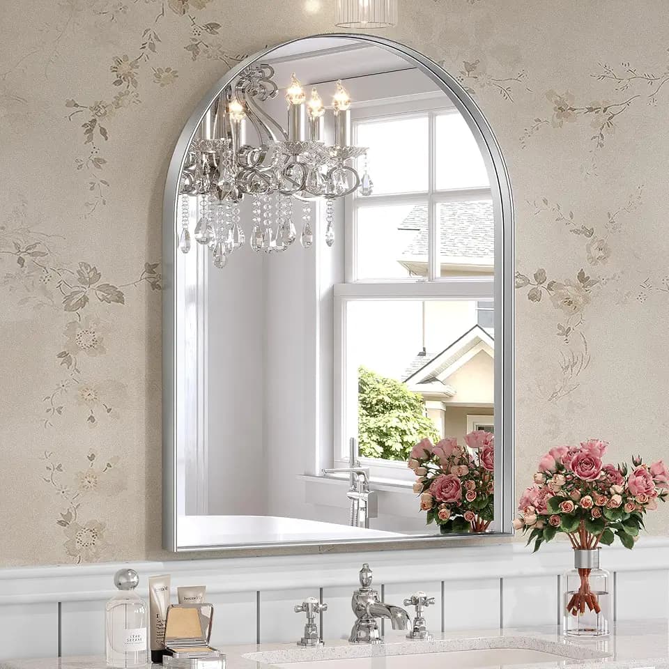 24x32 Inch Silver Arched Mirror, Arched Mirror for Bathroom, Vanity Mirror Silver Metal Frame, Wall-Mounting Mirrors for Living Room Bedroom Dress Room Fireplace