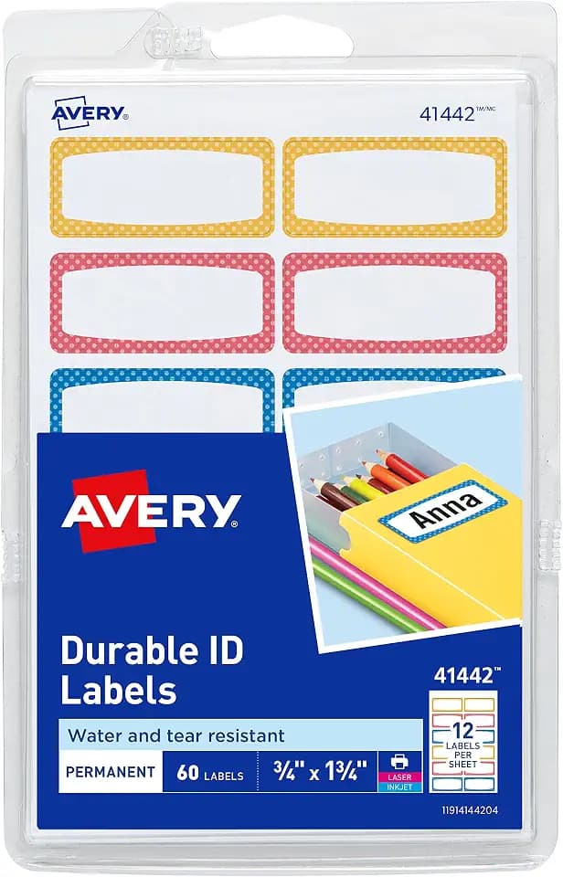 Avery Durable Labels for Kids' Gear, 3/4" x 1-3/4", Assorted Border Colors, Water-Resistant Labels, Writable and Laser/Inkjet Printable, 60 Per Pack, 180 Stickers Total (3-Pack of 31442)