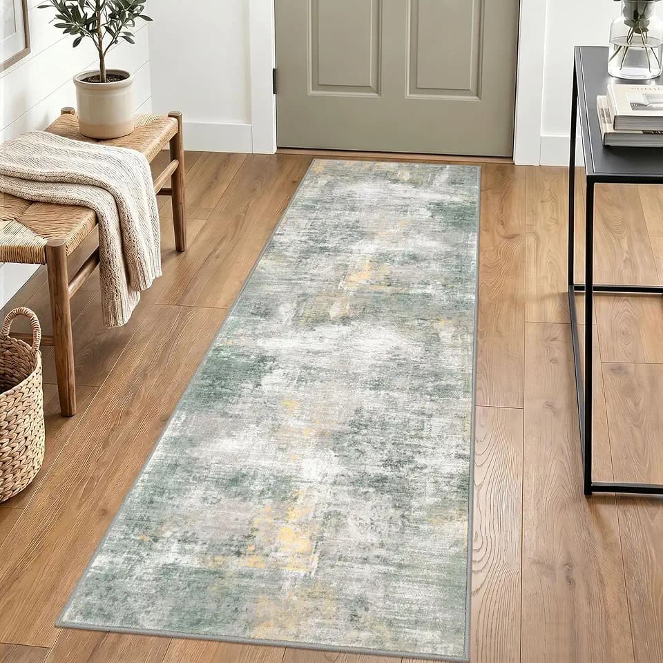 IOHOUZE Abstract Runner Rug 2x6 Ft Washable Runners for Hallways, Non Slip Kitchen Runner Printed Faux Wool Entryway Runner Indoor, Modern Abstract Carpet for Hall Kitchen, Light Green/Gray/Orange