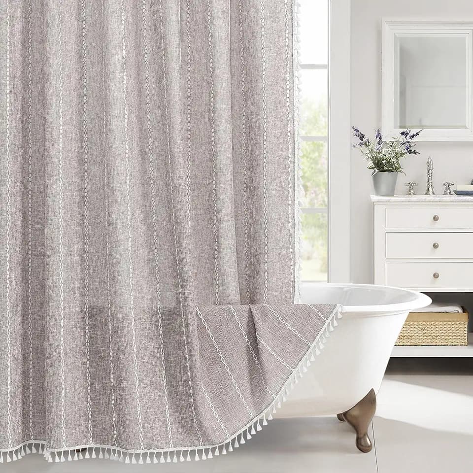 Boho Farmhouse Tassel Linen Shower Curtain,3D Stripe Cream-Brown,72x72