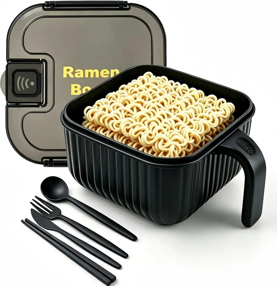 Ramen Bowl Set,Ramen Noodle Bowls for Large Square or Round Noodle Microwavable 45 oz, Ramen Cooker, Microwave Pasta Cooker, Food Container Microwave Gift for College Male Female Dorm Room(black)