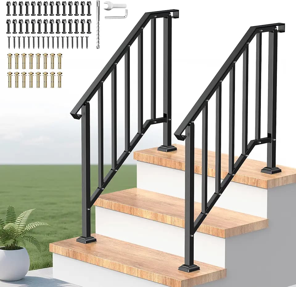 Outdoor Handrails for Steps, Stair Railing Kit for Concrete & Porch Steps, Adjustable Black Iron Hand Rail for Seniors, Easy Installation, Retro Arch Design (2 Pack-3 Steps)