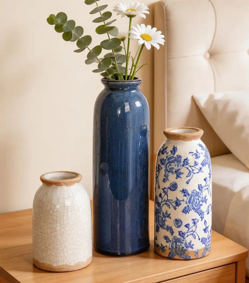 Vintage Ceramic Vase Set of 3, Blue and White Small Flower Vase Chinoiserie Rustic Modern Farmhouse Centerpiece Decorative Vases for Table Entryway Bookshelf Living Room Kitchen Home Decor