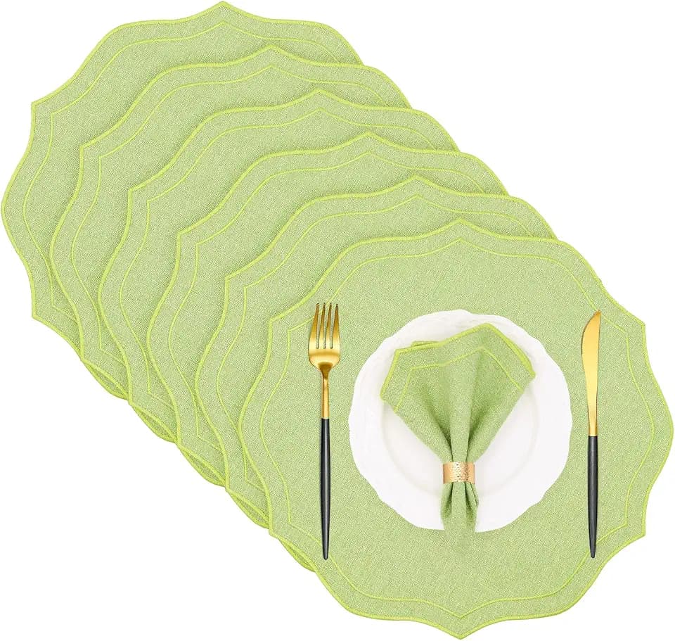 Cotton Linen Round Placemats Set of 6, HADEEONG Table Mats Cloth Placemats, Washable Wrinkle Resistance, Scalloped & Embroidered Fabric Placemats, 15.5 inch (Green, 6)