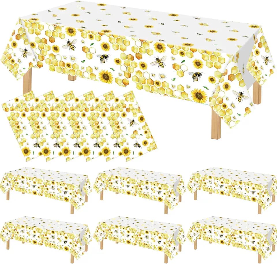 FuWeave 6 Pcs Bee Party Tablecloth Disposable Plastic Sunflower Table Covers Waterproof Rectangle Tablecloths for Birthday Baby Shower Summer Bee Themed Party Decorations, 54 x 108 Inch