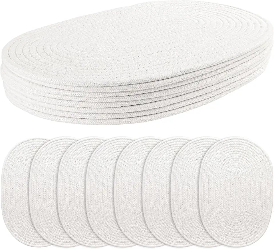 Oval Woven Placemats Set of 8 Heat Resistant Placemats 17 x 12 Inches Farmhouse Cotton Rope Place Mats for Dining Tables Trivets for Hot Dishes, White