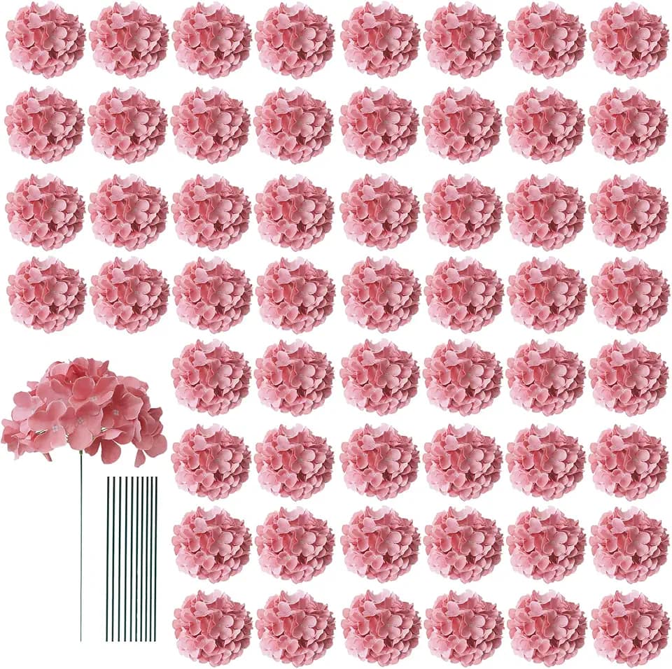AVIVIHO 65pcs Fake Flowers Dusty Rose Hydrangea Artificial Flowers Bulk (Not Squished, No Steaming Need) Silk Flowers with Stems for Wedding Decor,Home,Baby Shower,Table Centerpieces Decoration