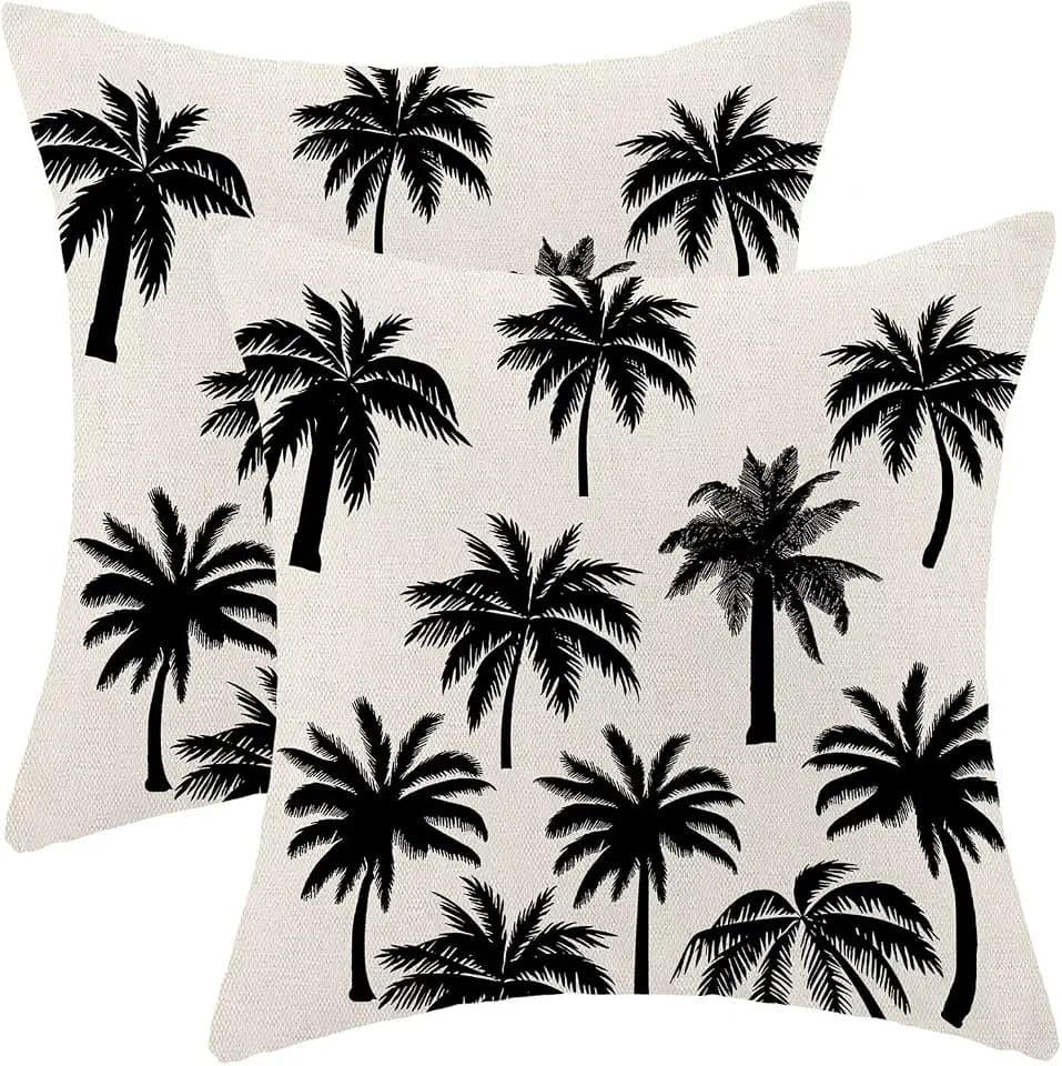 Palm Tree Pillow Covers 16x16 Inch Set of 2 Vintage Tropical Throw Pillow Covers Summer Outdoor Decorative Cushion Cover Black White Square Pillowcase for Sofa Couch Indoors Outdoors Decor