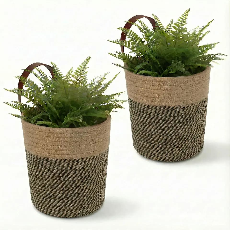 2-Pack Natural Jute Hanging Baskets 7 * 8inches, Round Woven Wall Decor & Storage Planter for Plant Decor and Home Organization,Walls Basket for Bedroom, Living Room, Bathroom,Boho Decor- Black Jute