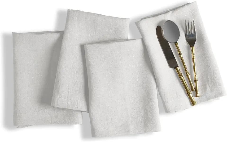 Native Fab Set of 4 White Linen Napkins - 100% Pure Belgian Linen - 18 x 18 Inch - Soft, Absorbent, Washable Fabric - Reusable Table Napkins for Dinner, Wedding, Party, Lunch, Events - Cream White