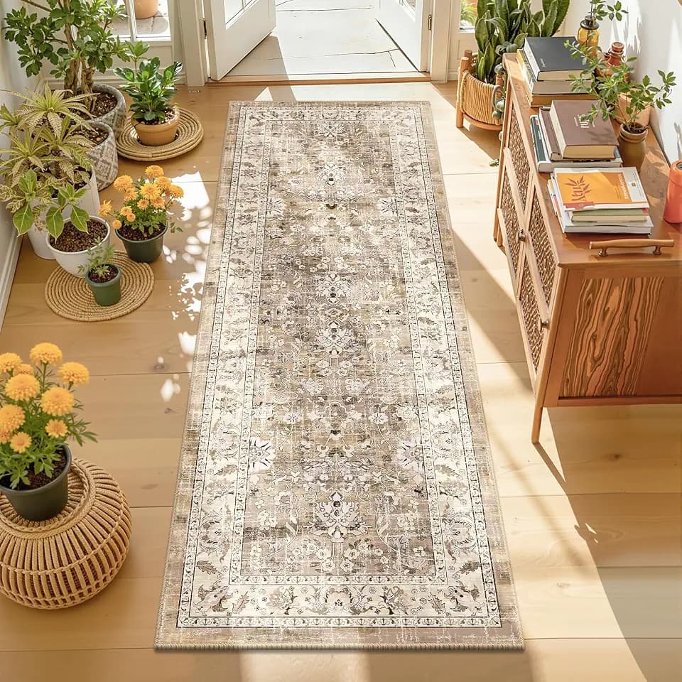 LOKHOM 2x6 Hallway Runnner Rug, Boho Non-Slip Washable Kitchen Rugs, Beige