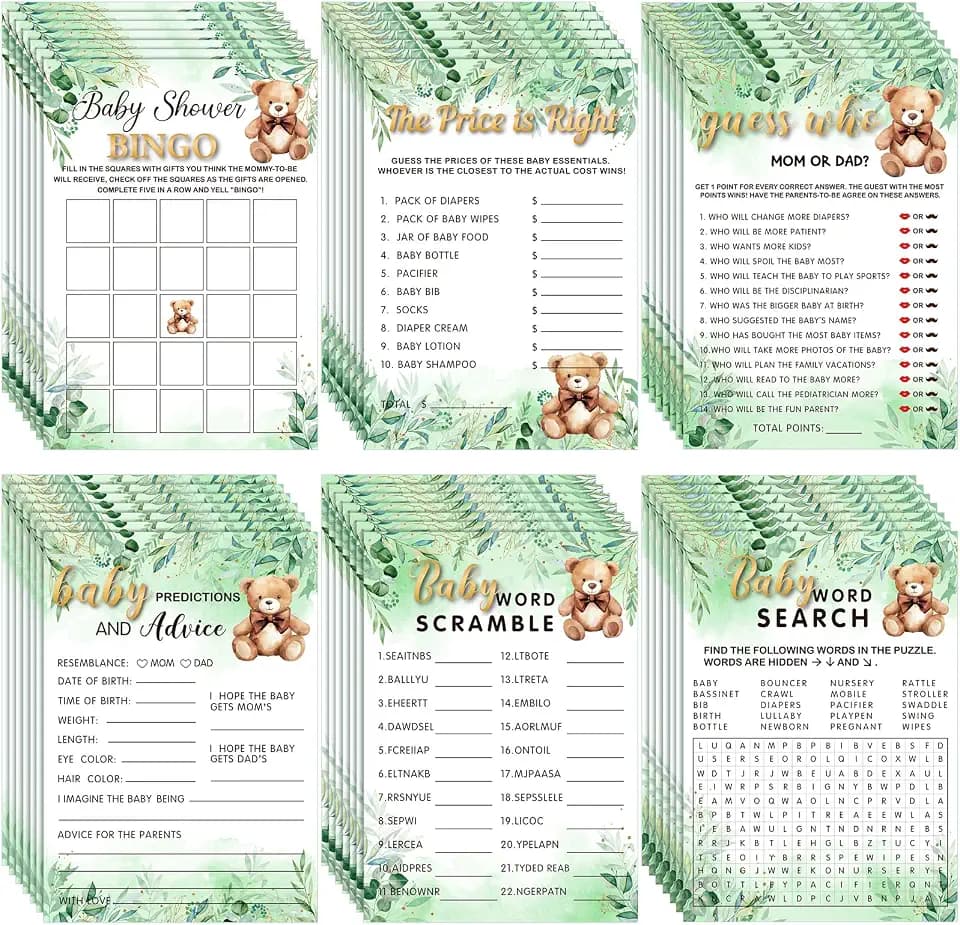 Jetec 302 Pcs Bear Baby Shower Games Set 6 Games,Greenery Bear