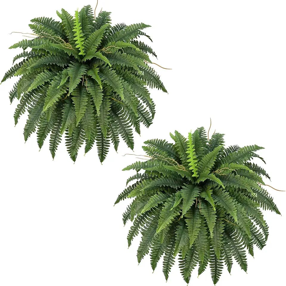 42” Artificial Boston Fern Bush Plant, 2 Faux Ferns for Outdoors Large, Fake Ferns Realistic Artificial Plants with 65 Fronds for Garden Porch Patio Home Office Living Room Decor Green