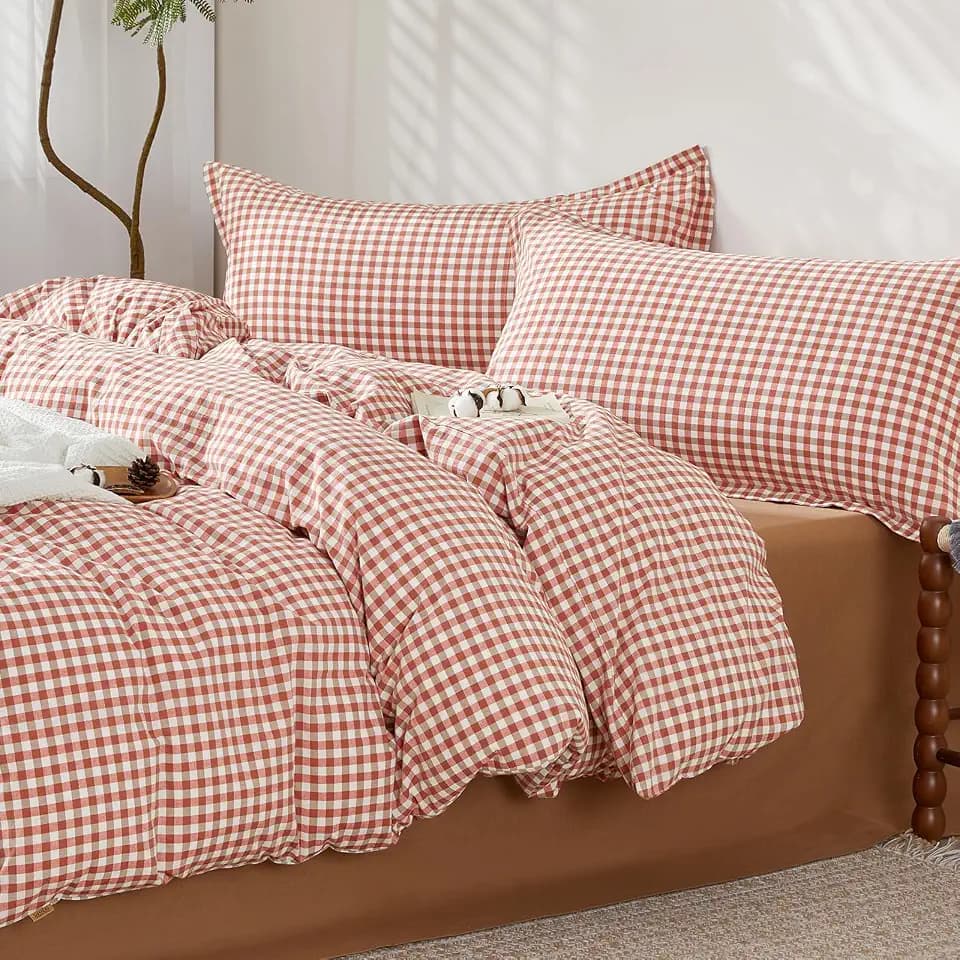 SAPHREAS Gingham Duvet Cover Set King Size, 100% Washed Cotton Linen Like Plaid Comforter Cover with Zipper Closure & Corner Ties (No Comforter), 104x90 Brick Red