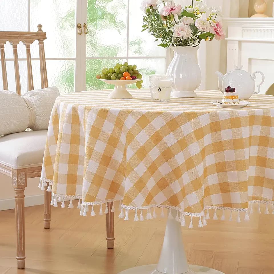 Laolitou Yellow Checkered 60" Round Tablecloth (Fits 30-48" Table) Washable Buffalo Plaid Table Cloth with Tassel Cotton Linen Gingham Table Cover for Spring Picnic, Yellow, Round