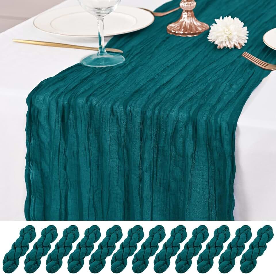 12 Pack Teal Table Runner 10Ft Cheesecloth Table Runner Rustic Gauze Table Runners Romantic Long Sheer Fabric Cheese Cloth Table Runners for Wedding Party Bridal Baby Shower