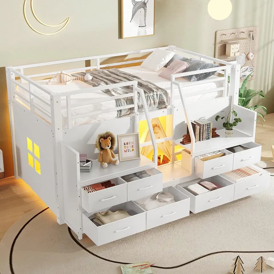 Bellemave Twin Size Low Loft Bed with 8 Fabric Storage Drawers for Kids,Metal Loft Bed Frame with Shelves and LED Lights for Boys Girls,Kids Loft Bed Twin Size,White