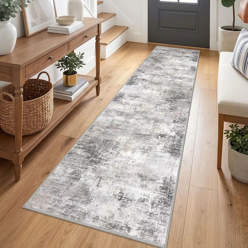 IOHOUZE Abstract Runner Rug 2x7 Ft Washable Runners for Hallways, Non Slip Kitchen Runner Printed Faux Wool Entryway Runners Indoor, Modern Abstract Floor Carpet for Hall Kitchen Bedroom, Grey Beige