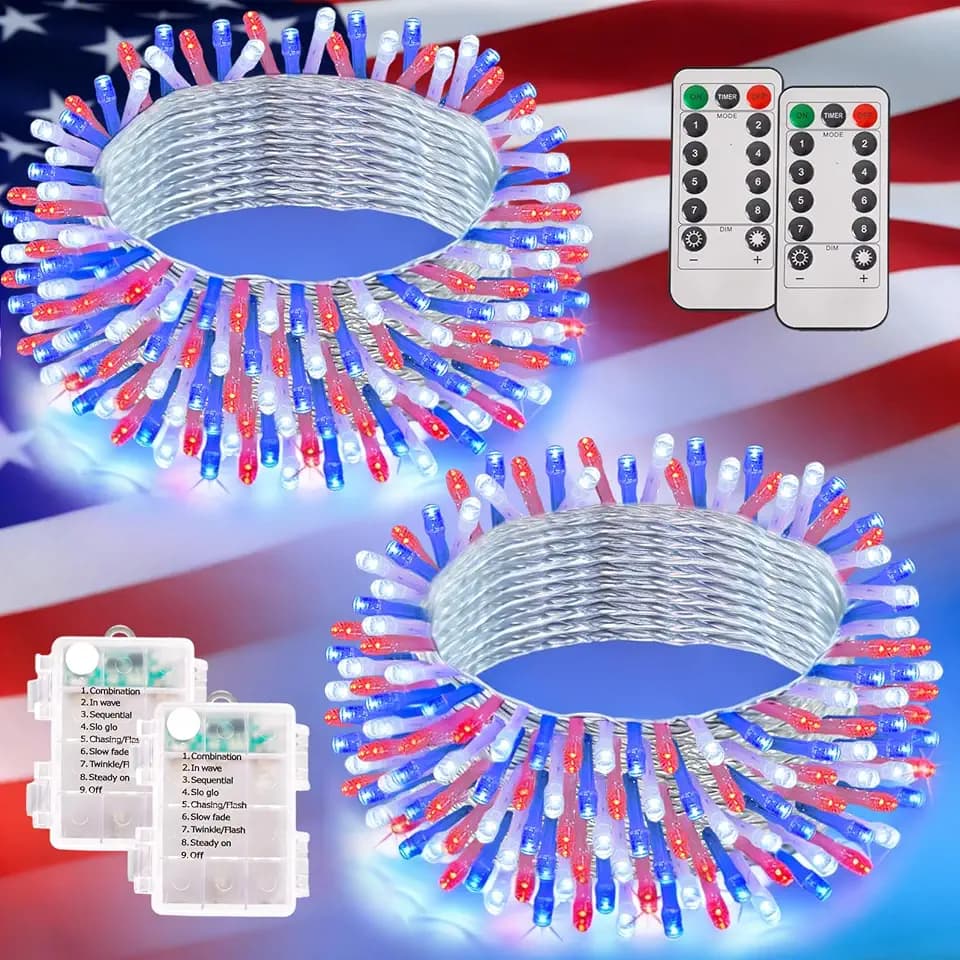 YEGUO Red White and Blue Lights Battery Operated, 2 Pack Each 33ft 100 LED 4th of July Lights Outdoor Waterproof, 8 Modes Clear Wire Fairy Light Indoor with Remote for Memorial Day Patriotic Decor